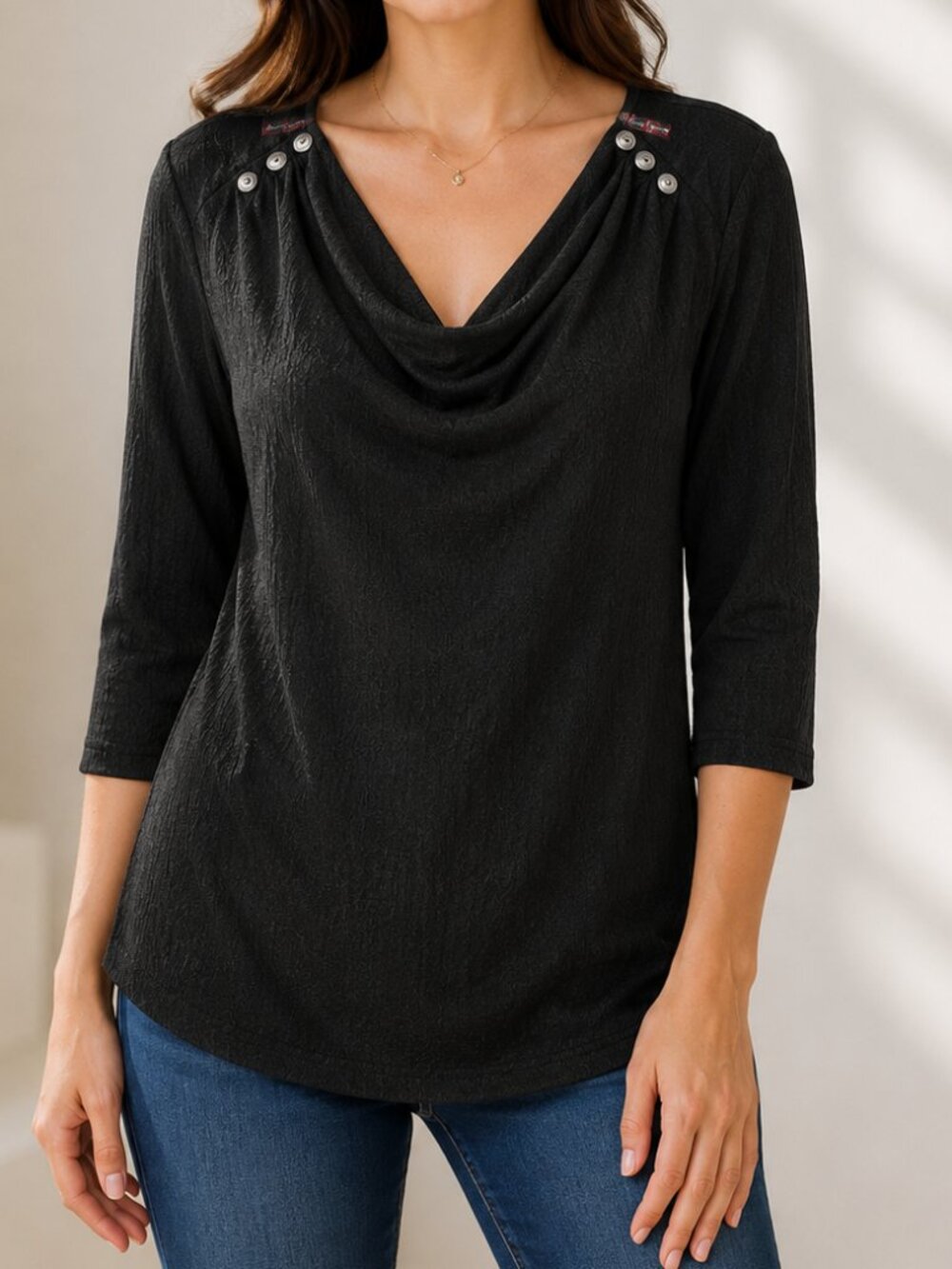 Claire France Black Textured Cowl Neck 3/4 Sleeve Blouse Shirt Top black size 1X
